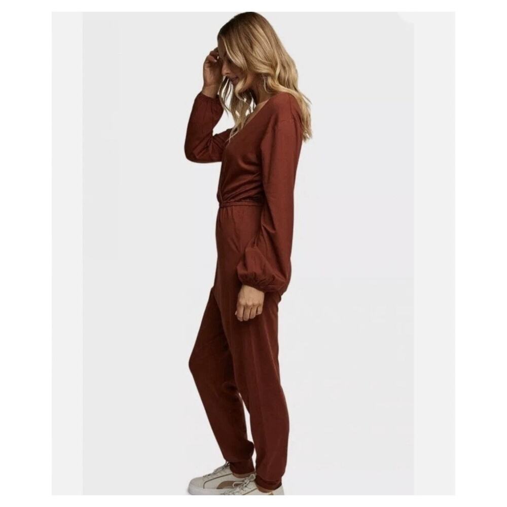 ABLE Clothing Sally Jumpsuit Size M Rust Cherry Mahogany Long Sleeve VNeck Knit